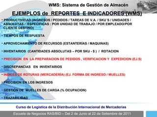 Escuela de Negocios RAS/BID – Del 2 de Junio al 22 de Setiembre de 2011 Curso de Logística de la Distribución Internacional de Mercaderías WMS: Sistema de Gestión de Almacén EJEMPLOS de  REPORTES  E INDICADORES (WMS) PRODUCTIVIDAD (INGRESOS / PEDIDOS / TAREAS DE V.A. / SKU´S / UNIDADES /  ABSOLUTAS /  ESPECIFICAS : POR UNIDAD DE TRABAJO / POR EMPLEADO/POR  CLIENTE DESTINO) TIEMPOS DE RESPUESTA APROVECHAMIENTO DE RECURSOS (ESTANTERÍAS / MAQUINAS) INVENTARIOS  (CANTIDADES ABSOLUTAS – POR SKU - $ )  /  ROTACION PRECISION  EN  LA PREPARACION DE PEDIDOS , VERIFICACION Y  EXPEDICION (EJ.S) DISCREPANCIAS  EN  INVENTARIOS INDICES DE ROTURAS (MERCADERÍA) (EJ. FORMA DE INGRESO / MUELLES) PRECISION EN LOS INGRESOS GESTIÓN DE  MUELLES DE CARGA (% OCUPACION) TRAZABILIDAD 