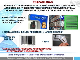 Escuela de Negocios RAS/BID – Del 2 de Junio al 22 de Setiembre de 2011 Curso de Logística de la Distribución Internacional de Mercaderías TRAZABILIDAD POSIBILIDAD DE SEGUIMIENTO DE LA MERCADERÍA O ALGUNO DE SUS ATRIBUTOS (EJ. Nº SERIE / MOTOR / FECHAS DE VENCIMIENTO,ETC) , A TRAVES DE LOS DISTINTOS PROCESOS Y  ETAPAS EN EL ALMACEN + ROTULACION  MANUAL  de mercadería  y areas  de stock  y  pedidos  + DIGITALIZACION  DE LOS  REGISTROS  y  AREAS DE STOCK CODIGO DE  BARRAS *  RFID ADECUACIÓN DE PROCESOS ADMINISTRATIVOS  (ELECTRONICOS Y DOCUMENTALES) 