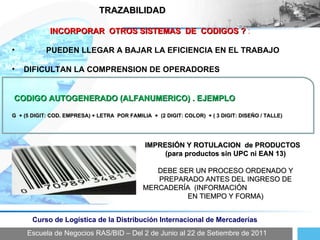 Escuela de Negocios RAS/BID – Del 2 de Junio al 22 de Setiembre de 2011 Curso de Logística de la Distribución Internacional de Mercaderías TRAZABILIDAD IMPRESIÓN Y ROTULACION  de PRODUCTOS  (para productos sin UPC ni EAN 13) DEBE SER UN PROCESO ORDENADO Y PREPARADO ANTES DEL INGRESO DE MERCADERÍA  (INFORMACIÓN  EN TIEMPO Y FORMA) INCORPORAR  OTROS SISTEMAS  DE  CODIGOS ?  : PUEDEN LLEGAR A BAJAR LA EFICIENCIA EN EL TRABAJO DIFICULTAN LA COMPRENSION DE OPERADORES CODIGO AUTOGENERADO (ALFANUMERICO) . EJEMPLO G  + (5 DIGIT: COD. EMPRESA) + LETRA  POR FAMILIA  +  (2 DIGIT: COLOR)  + ( 3 DIGIT: DISEÑO / TALLE) 
