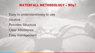 06
WATERFALL METHODOLOGY – Why?
○ Easy to understand/easy to use
○ Intuitive
○ Provides Structure
○ Clear Milestones
○ Easy management
 