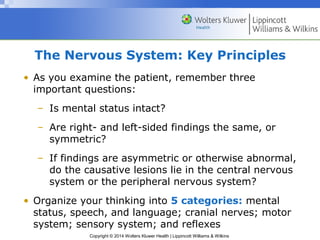 Copyright © 2014 Wolters Kluwer Health | Lippincott Williams & Wilkins
The Nervous System: Key Principles
• As you examine the patient, remember three
important questions:
– Is mental status intact?
– Are right- and left-sided findings the same, or
symmetric?
– If findings are asymmetric or otherwise abnormal,
do the causative lesions lie in the central nervous
system or the peripheral nervous system?
• Organize your thinking into 5 categories: mental
status, speech, and language; cranial nerves; motor
system; sensory system; and reflexes
 
