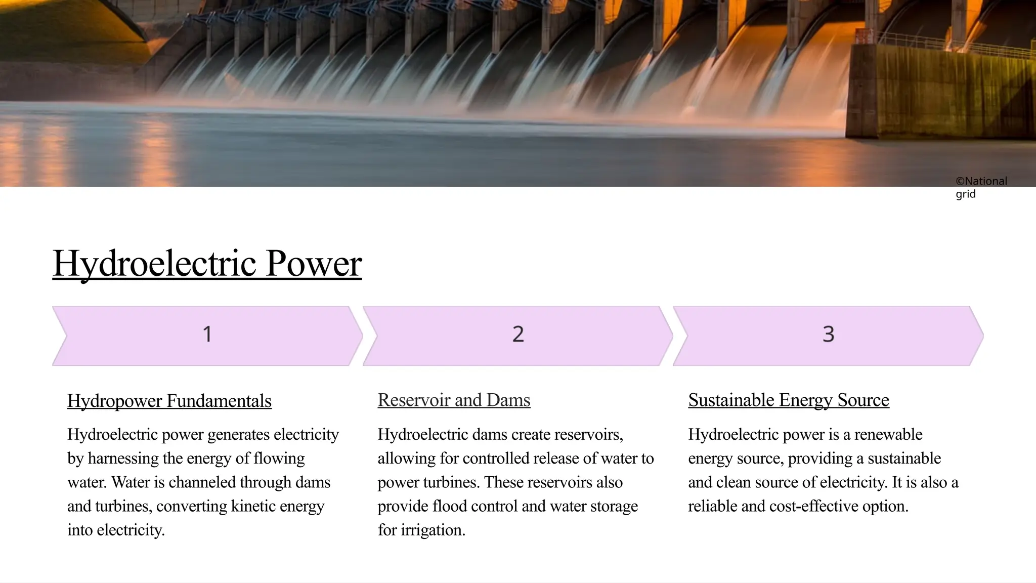 Hydroelectric Power
Hydropower Fundamentals
Hydroelectric power generates electricity
by harnessing the energy of flowing
water. Water is channeled through dams
and turbines, converting kinetic energy
into electricity.
Reservoir and Dams
Hydroelectric dams create reservoirs,
allowing for controlled release of water to
power turbines. These reservoirs also
provide flood control and water storage
for irrigation.
Sustainable Energy Source
Hydroelectric power is a renewable
energy source, providing a sustainable
and clean source of electricity. It is also a
reliable and cost-effective option.
©National
grid
 