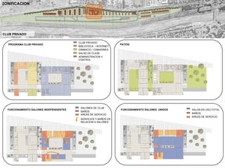 ADMINISTRACION Y CONTROL  BIBLIOTECA  / INTERNET  GIMNACIO / CAMARINES   SALAS DE CLASE  CLUB PRIVADO  PROGRAMA CLUB PRIVADO  BAÑOS  AREAS DE SERVICIO  SALON EN USO TOTAL FUNCIONAMIENTO SALONES  UNIDOS  PATIOS  CLUB PRIVADO ZONIFICACION BAÑOS  AREAS DE SERVICIO  SALONES DE CLUB SERVICIOS Y BAÑOS EN RELACION A SALONES  FUNCIONAMIENTO SALONES INDEPENDIENTES  