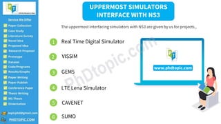UPPERMOST SIMULATORS
INTERFACE WITH NS3
The uppermost interfacing simulators with NS3 are given by us for projects ,
1 Real Time Digital Simulator
4
2
3
5
6
VISSIM
GEM5
LTE Lena Simulator
CAVENET
SUMO
www.phdtopic.com
 