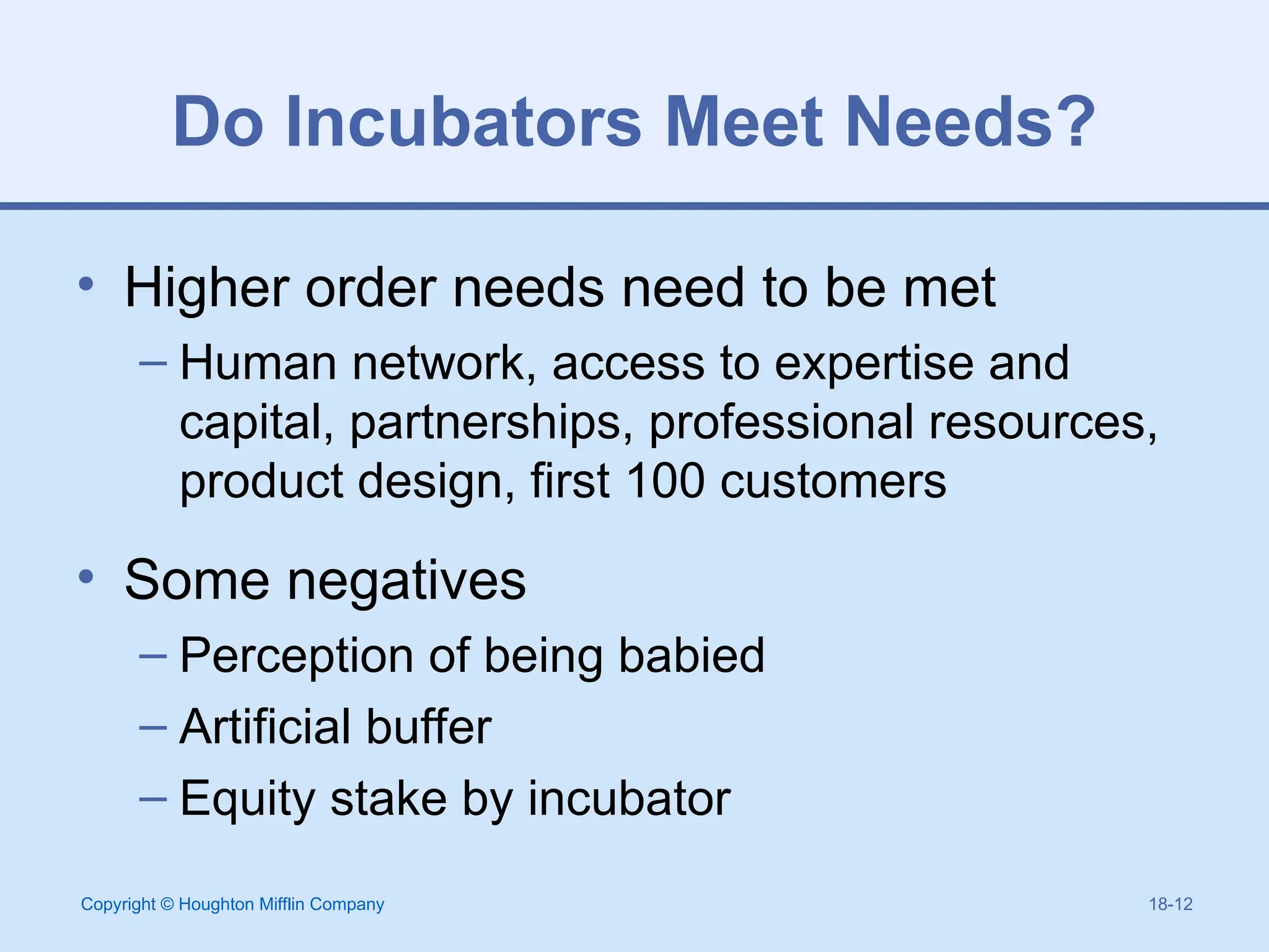Copyright © Houghton Mifflin Company 18-12
Do Incubators Meet Needs?
• Higher order needs need to be met
– Human network, access to expertise and
capital, partnerships, professional resources,
product design, first 100 customers
• Some negatives
– Perception of being babied
– Artificial buffer
– Equity stake by incubator
 