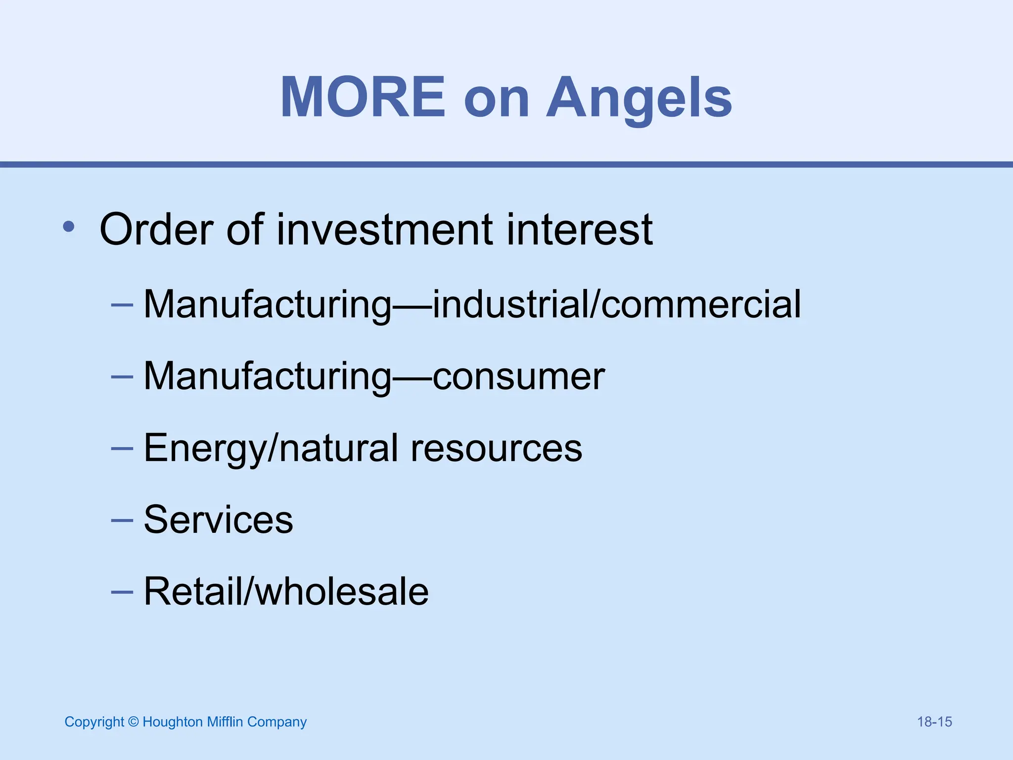 Copyright © Houghton Mifflin Company 18-15
MORE on Angels
• Order of investment interest
– Manufacturing—industrial/commercial
– Manufacturing—consumer
– Energy/natural resources
– Services
– Retail/wholesale
 