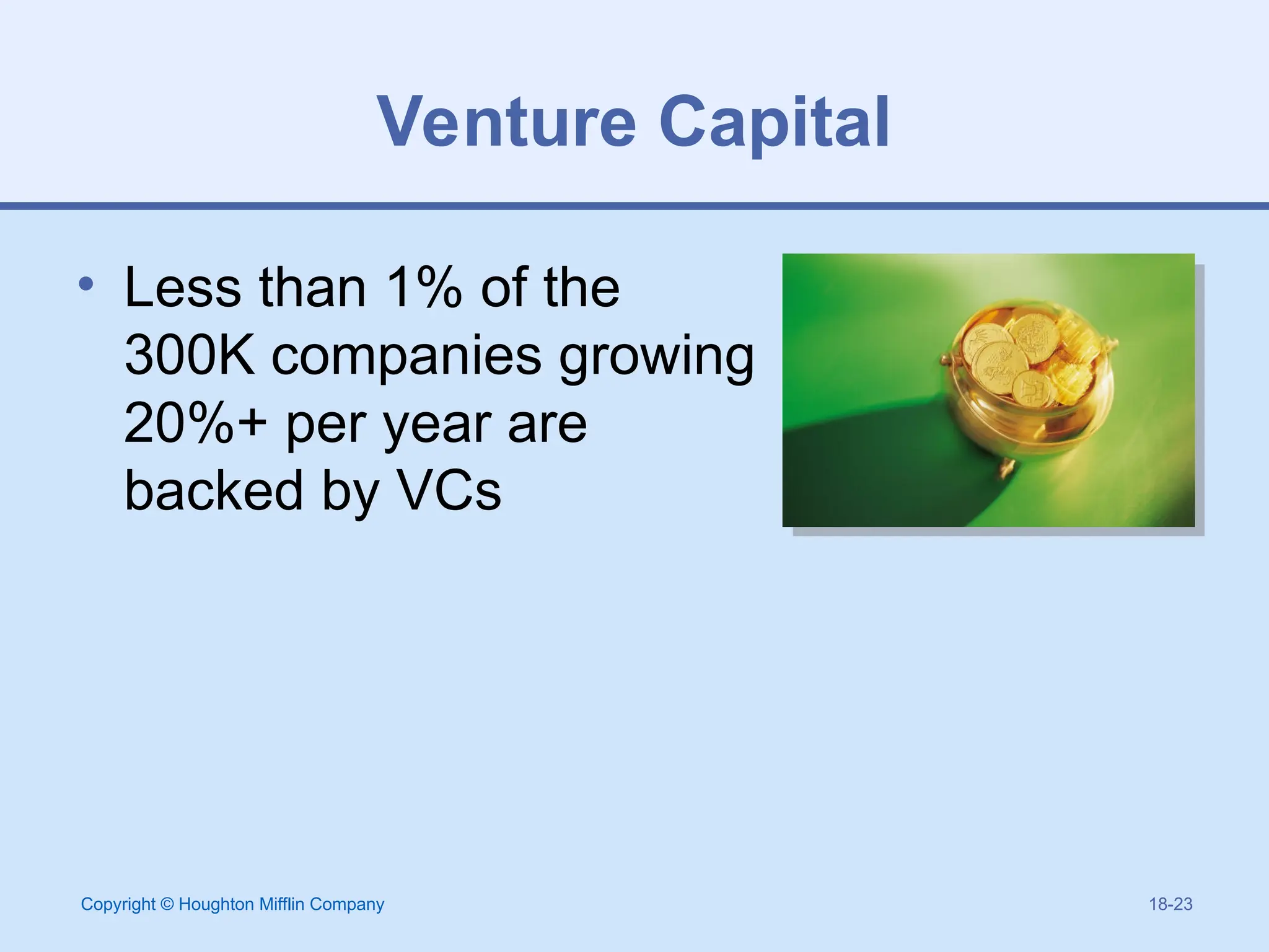 Copyright © Houghton Mifflin Company 18-23
Venture Capital
• Less than 1% of the
300K companies growing
20%+ per year are
backed by VCs
 