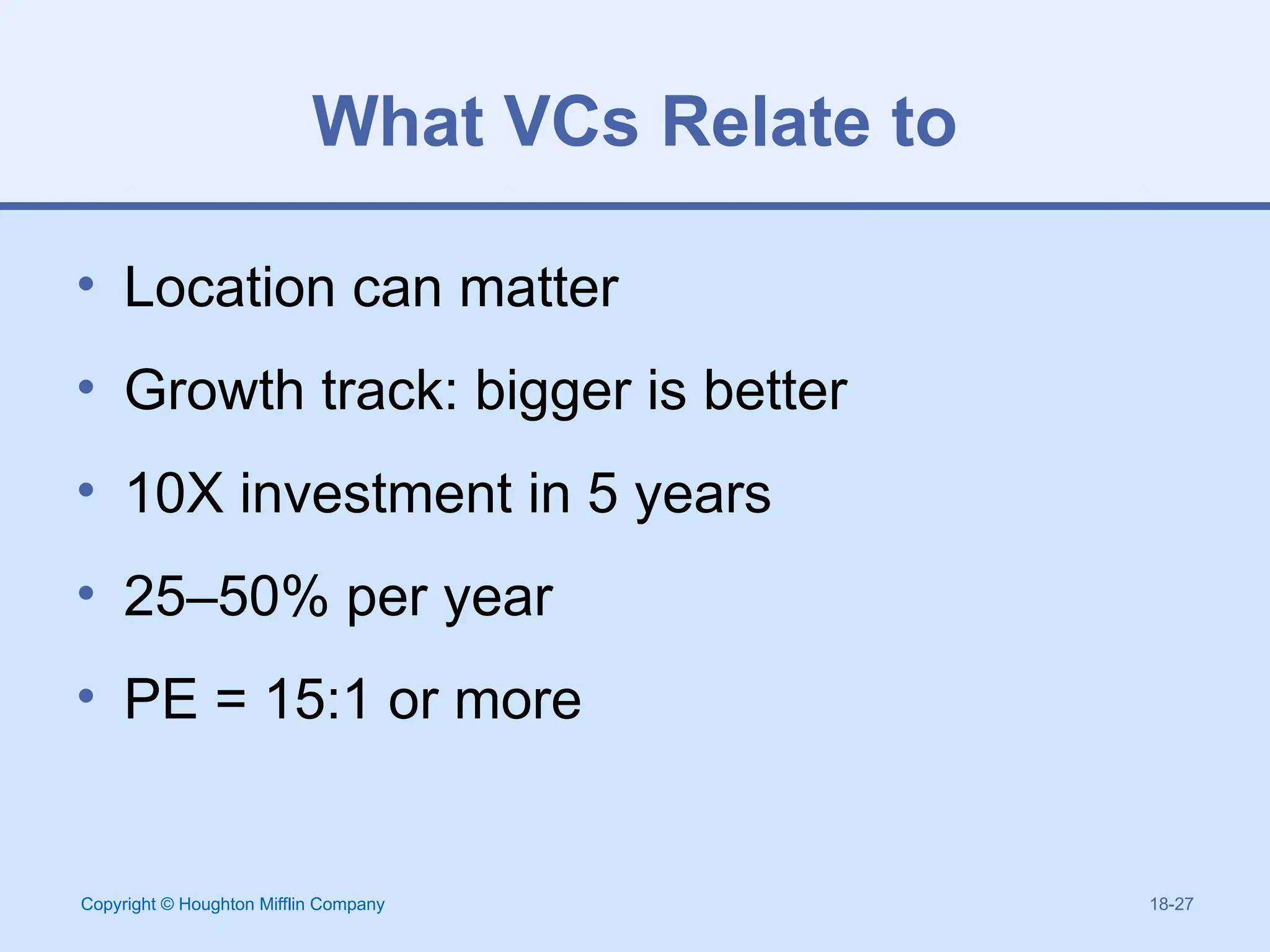 Copyright © Houghton Mifflin Company 18-27
What VCs Relate to
• Location can matter
• Growth track: bigger is better
• 10X investment in 5 years
• 25–50% per year
• PE = 15:1 or more
 