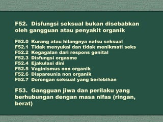 F52. Disfungsi seksual bukan disebabkan  oleh gangguan atau penyakit organik F52.0 Kurang atau hilangnya nafsu seksual F52.1 Tidak menyukai dan tidak menikmati seks F52.2 Kegagalan dari respons genital F52.3 Disfungsi orgasme F52.4 Ejakulasi dini F52.5 Vaginismus non organik F52.6 Dispareunia non organik F52.7 Dorongan seksual yang berlebihan F53. Gangguan jiwa dan perilaku yang  berhubungan dengan masa nifas (ringan, berat) 
