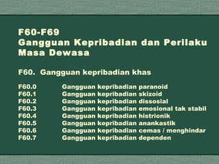F60-F69 Gangguan Kepribadian dan Perilaku Masa Dewasa F60. Gangguan kepribadian khas F60.0   Gangguan kepribadian paranoid F60.1   Gangguan kepribadian skizoid F60.2    Gangguan kepribadian dissosial F60.3    Gangguan kepribadian emosional tak stabil F60.4   Gangguan kepribadian histrionik F60.5   Gangguan kepribadian anankastik F60.6   Gangguan kepribadian cemas / menghindar F60.7   Gangguan kepribadian dependen 