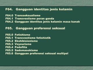 F64.  Gangguan identitas jenis kelamin F64.0 Transseksualisme F64.1  Transvestisme peran ganda F64.2  Gangguan identitas jenis kelamin masa kanak F65.  Gangguan preferensi seksual F65.0 Fetishisme  F65.1 Transvestisme fetishistik F65.2  Ekshibisionisme F65.3  Voyeurisme F65.4 Pedofilia F65.5 Sadomasokisme F65.6 Gangguan preferensi seksual multipel 