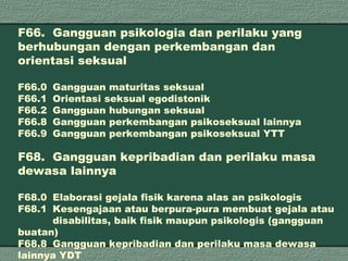 F66. Gangguan psikologia dan perilaku yang  berhubungan dengan perkembangan dan  orientasi seksual F66.0 Gangguan maturitas seksual F66.1 Orientasi seksual egodistonik F66.2  Gangguan hubungan seksual F66.8  Gangguan perkembangan psikoseksual lainnya F66.9 Gangguan perkembangan psikoseksual YTT F68. Gangguan kepribadian dan perilaku masa  dewasa lainnya F68.0 Elaborasi gejala fisik karena alas an psikologis F68.1 Kesengajaan atau berpura-pura membuat gejala atau  disabilitas, baik fisik maupun psikologis (gangguan  buatan) F68.8 Gangguan kepribadian dan perilaku masa dewasa  lainnya YDT 