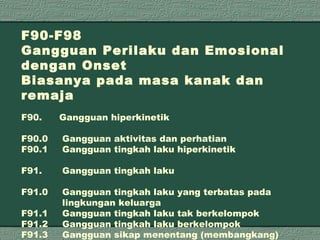 F90-F98 Gangguan Perilaku dan Emosional dengan Onset Biasanya pada masa kanak dan remaja F90.   Gangguan hiperkinetik F90.0   Gangguan aktivitas dan perhatian F90.1   Gangguan tingkah laku hiperkinetik F91.   Gangguan tingkah laku F91.0   Gangguan tingkah laku yang terbatas pada      lingkungan keluarga F91.1   Gangguan tingkah laku tak berkelompok F91.2   Gangguan tingkah laku berkelompok F91.3   Gangguan sikap menentang (membangkang) 