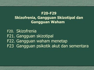 F20-F29 Skizofrenia, Gangguan Skizotipal dan Gangguan Waham   F20. Skizofrenia  F21. Gangguan skizotipal  F22. Gangguan waham menetap  F23 Gangguan psikotik akut dan sementara  