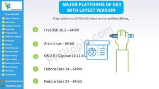 FreeBSD 10.2 – 64 bit
Fedora Core 21 – 64 bit
3
Arch Linus – 64 bit
Fedora Core 24 – 64 bit
OS-X E1 Capitan 10.11.4
MAJOR PLATFORMS OF NS3
WITH LATEST VERSION
Major platforms of NS3 with latest version are listed below,
1
5
2
4
3
 
