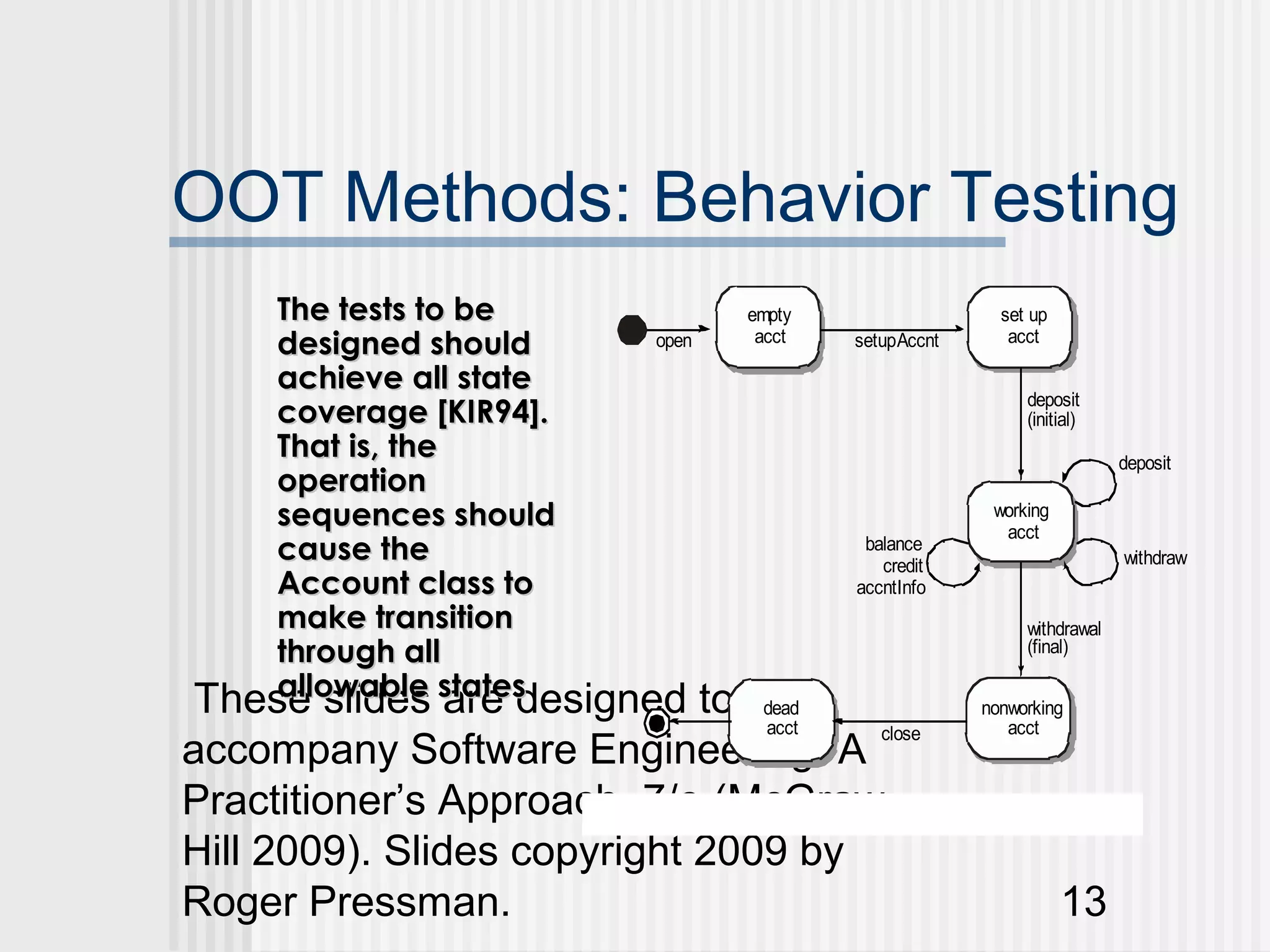 OOT Methods: Behavior Testing
   The tests to be                        empty                   set up
   designed should         open            acct   setup Accnt      acct

   achieve all state
   coverage [KIR94].
                                                                     deposit
                                                                     (initial)
   That is, the                                                                   deposit
   operation
   sequences should                                              working
                                                                  acct
   cause the                                       balance
                                                     credit                       withdraw
   Account class to                               accntInfo
   make transition                                                   withdrawal
   through all                                                       (final)


These slides states
   allowable
                are designed to            dead                 nonworking
                                           acct                    acct
accompany Software Engineering: A
                                                     close


Practitioner’s Approach, 7/e at(McGraw-class (adapt ed f rom [ KIR94] )
                       Figure 14.3 St e diagram f or Account

Hill 2009). Slides copyright 2009 by
Roger Pressman.                                               13
 