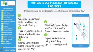 Wearable Sensor Fault
Detection Based on
Threshold Tuning Wireless Systems Design
and Optimization for
Context Aware Scenarios
Support Vector Machine
Based Wireless Sensor
Networks
Deploy Reliable WSN
Using Ant Colony
Optimization Approach
Energy Consumption
Based Improved Clustering
Algorithm in WSN
TOPICAL IDEAS IN SENSOR NETWORKS
PROJECTS
The significant and the latest topics for Sensor Networks projects are listed down,
1
2
3
4
5
 