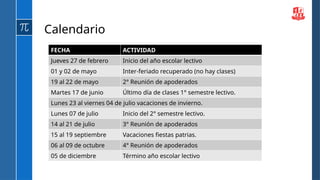 Calendario
FECHA ACTIVIDAD
Jueves 27 de febrero Inicio del año escolar lectivo
01 y 02 de mayo Inter-feriado recuperado (no hay clases)
19 al 22 de mayo 2° Reunión de apoderados
Martes 17 de junio Último día de clases 1° semestre lectivo.
Lunes 23 al viernes 04 de julio vacaciones de invierno.
Lunes 07 de julio Inicio del 2° semestre lectivo.
14 al 21 de julio 3° Reunión de apoderados
15 al 19 septiembre Vacaciones fiestas patrias.
06 al 09 de octubre 4° Reunión de apoderados
05 de diciembre Término año escolar lectivo
 