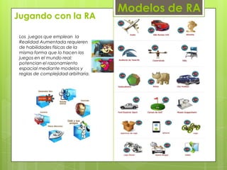 Jugando con la RA
Los juegos que emplean la
Realidad Aumentada requieren
de habilidades físicas de la
misma forma que lo hacen los
juegos en el mundo real;
potencian el razonamiento
espacial mediante modelos y
reglas de complejidad arbitraria.

Modelos de RA

 