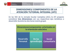 DIMENSIONES/ COMPONENTES DE LA
ATENCIÓN TUTORIAL INTEGRAL (ATI)
En las IIEE de la Jornada Escolar Completa (JEC), la ATI propone
considerar tres dimensiones con sus respectivos ejes temáticos a
desarrollar durante las dos horas tutoría grupal.
Dimensiones/componentes priorizados en
la orientación educativa
Desarrollo
Personal
De los
aprendizajes
Social
Comunitario
 