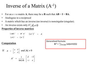 Inverse of a Matrix (A-1)
• For an n  n matrix A, there may be a B such that AB = I = BA.
• Analogous to a reciprocal
• A matrix which has an inverse (no inverse) is nonsingular (singular).
• An inverse exists only if
Properties of inverse matrices
Computation
If and |A|  0
0A
  111 --
ABAB 

   '11 -
AA' 

  AA 
11-







dc
ba
A









ac
bd-
)det(
11
A
A
Generalized formula:
A-1 = 1
𝐷𝑒𝑡|𝑨| (adjoint(A))
 