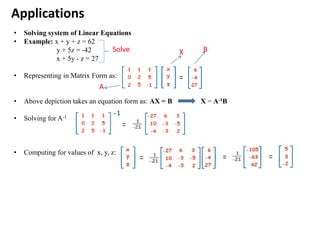 Applications
• Solving system of Linear Equations
• Example: x + y + z = 62
y + 5z = -42
x + 5y - z = 27
• Representing in Matrix Form as:
• Above depiction takes an equation form as: AX = B X = A-1B
• Solving for A-1
• Computing for values of x, y, z:
Solve
A
X B
 