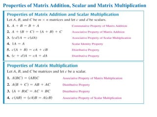 Properties of Matrix Addition, Scalar and Matrix Multiplication
 