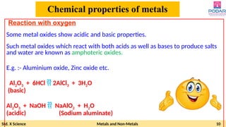 Std. X Science Metals and Non-Metals 10
Chemical properties of metals
Reaction with oxygen
Some metal oxides show acidic and basic properties.
Such metal oxides which react with both acids as well as bases to produce salts
and water are known as amphoteric oxides.
E.g. :- Aluminium oxide, Zinc oxide etc.
Al2O3 + 6HCl  2AlCl3 + 3H2O
(basic)
Al2O3 + NaOH  NaAlO2 + H2O
(acidic) (Sodium aluminate)
 