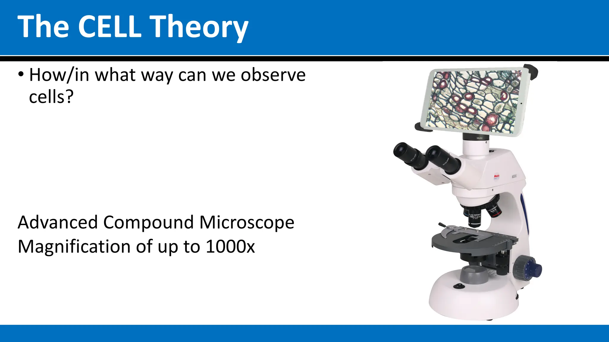The CELL Theory
• How/in what way can we observe
cells?
Advanced Compound Microscope
Magnification of up to 1000x
 
