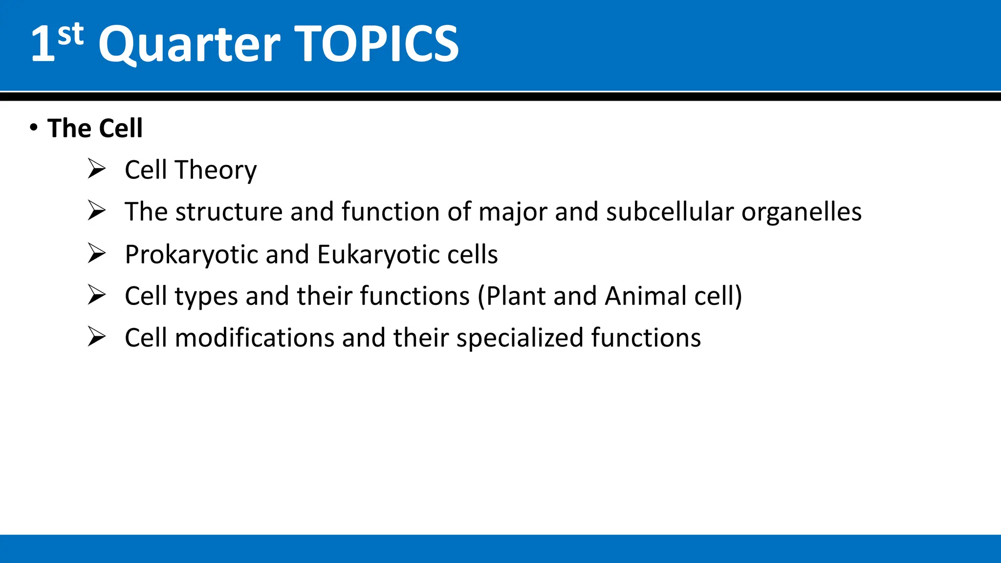 1st Quarter TOPICS
• The Cell
Ø Cell Theory
Ø The structure and function of major and subcellular organelles
Ø Prokaryotic and Eukaryotic cells
Ø Cell types and their functions (Plant and Animal cell)
Ø Cell modifications and their specialized functions
 
