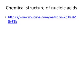 Chemical structure of nucleic acids
• https://www.youtube.com/watch?v=2d1R7M
5y8Tk
 