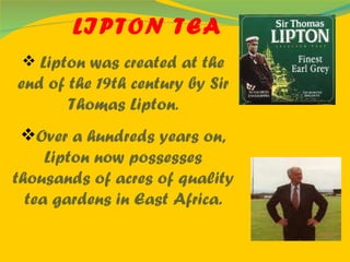 Lipton was created at the end of the 19th century by Sir Thomas Lipton . Over a hundreds years on, Lipton now possesses thousands of acres of quality tea gardens in East Africa. LIPTON TEA 