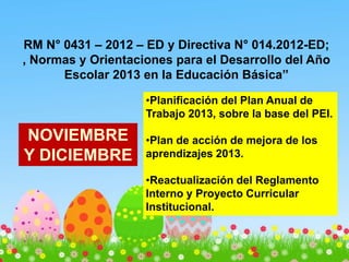 RM N° 0431 – 2012 – ED y Directiva N° 014.2012-ED;
, Normas y Orientaciones para el Desarrollo del Año
Escolar 2013 en la Educación Básica”
NOVIEMBRE
Y DICIEMBRE
•Planificación del Plan Anual de
Trabajo 2013, sobre la base del PEI.
•Plan de acción de mejora de los
aprendizajes 2013.
•Reactualización del Reglamento
Interno y Proyecto Curricular
Institucional.
 