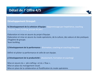 Détail de l’ Offre 4/5Développement Groupal:h) Développement de la cohésion d’équipe:(Apprentissage par l’expérience, coaching d’équipe, team building, groupe de pair) Elaboration et mise en œuvre du projet d’équipe.Elaboration et mise en œuvre du mode opératoire, de la culture, des valeurs et des pratiques d’hygiène de groupe.Team building. 	i) Développement de la performance :(Formation, coaching et coaching d’équipe) Définir et piloter sa performance et celle de son équipe. j) Développement de la productivité :(Assessment, Formation et coaching) Mise en œuvre du «  job crafting » et du « flow ».Mise en place du management visuel.Mise en place de la collaboration et fluidification du mode opératoire. 