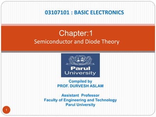 1
Chapter:1
Semiconductor and Diode Theory
Compiled by
PROF. DURVESH ASLAM
Assistant Professor
Faculty of Engineering and Technology
Parul University
03107101 : BASIC ELECTRONICS
 