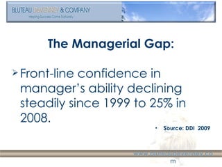 <ul><li>The Managerial Gap: </li></ul><ul><li>Front-line confidence in manager’s ability declining steadily since 1999 to ...