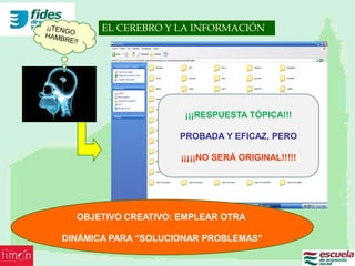 EL CEREBRO Y LA INFORMACIÓN




                      ¡¡¡RESPUESTA TÓPICA!!!

                     PROBADA Y EFICAZ, PERO

                     ¡¡¡¡¡NO SERÁ ORIGINAL!!!!!




  OBJETIVO CREATIVO: EMPLEAR OTRA

DINÁMICA PARA “SOLUCIONAR PROBLEMAS”
 