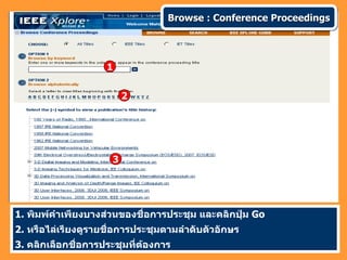 Browse : Conference Proceedings




                    1


                         2




                     3




1. พิมพ์คำาเพียงบางส่วนของชื่อการประชุม และคลิกปุ่ม Go
2. หรือไล่เรียงดูรายชื่อการประชุมตามลำาดับตัวอักษร
3. คลิกเลือกชื่อการประชุมที่ต้องการ
 