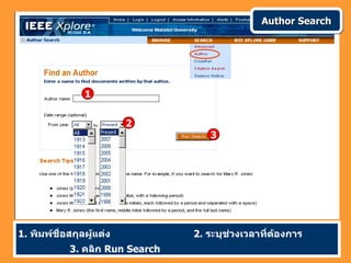 Author Search




                1


                          2
                                    3




1. พิมพ์ชื่อสกุลผู้แต่ง          2. ระบุช่วงเวลาที่ต้องการ
            3. คลิก Run Search
 