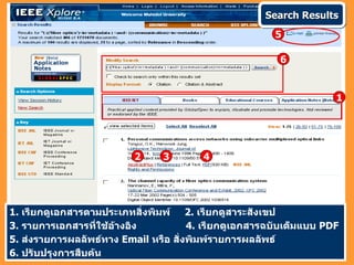 Search Results
                                                       5

                                                        6


                                                                    1




                          2     3       4




1. เรียกดูเอกสารตามประเภทสิงพิมพ์ 2. เรียกดูสาระสังเขป
                             ่
3. รายการเอกสารที่ใช้อ้างอิง          4. เรียกดูเอกสารฉบับเต็มแบบ PDF
5. ส่งรายการผลลัพธ์ทาง Email หรือ สั่งพิมพ์รายการผลลัพธ์
6. ปรับปรุงการสืบค้น
 