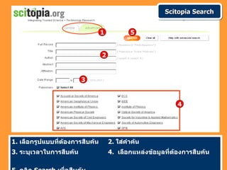Scitopia Search


                                 1           5


                                 2


                         3


                                                             4




1. เลือกรูปแบบที่ต้องการสืบค้น       2. ใส่คำาค้น
3. ระบุเวลาในการสืบค้น               4. เลือกแหล่งข้อมูลที่ต้องการสืบค้น
 