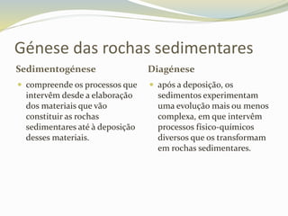 Génese das rochas sedimentares
Sedimentogénese Diagénese
 compreende os processos que
intervêm desde a elaboração
dos materiais que vão
constituir as rochas
sedimentares até à deposição
desses materiais.
 após a deposição, os
sedimentos experimentam
uma evolução mais ou menos
complexa, em que intervêm
processos físico-químicos
diversos que os transformam
em rochas sedimentares.
 