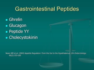 Gastrointestinal Peptides
 Ghrelin
 Glucagon
 Peptide YY
 Cholecystokinin
Neary NM et al. (2004) Appetite Regulation: From the Gut to the Hypothalamus. Clin Endocrinology.
60(2):153-160
 