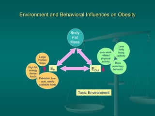 Environment and Behavioral Influences on Obesity
EIn EOut
Body
Fat
Mass
High fat,
energy
dense
foods
Palatable, low-
cost, easily
available foods
Large
Portion
Sizes
Less work
related
physical
activity
Less
daily
living
activity
More
sedentary
behavior
Toxic Environment
 