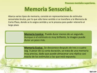 Memoria Sensorial.
Procesos mentales superiores.
Memoria Iconica: Puede durar menos de un segundo.
Aunque si el estímulo es muy brillante, la imagen puede
durar un poco más.
Memoria Ecoica: Se desvanece después de tres o cuatro
seg. A pesar de su corta duración, se trata de una memoria
muy precisa, dado que puede almacenar una réplica casi
exacta de los estímulos a las que está expuesta.
Abarca varios tipos de memoria, consiste en representaciones de estímulos
sensoriales brutos, por lo que sólo tiene sentido si se transfiere a la Memoria de
Corto Plazo, donde se le asigna sentido y se le procesa para poder retenerla al
largo plazo
 