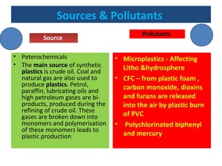 Sources & Pollutants
SourceSource
• Peterochemicals
• The main source of synthetic
plastics is crude oil. Coal and
natural gas are also used to
produce plastics. Petrol,
paraffin, lubricating oils and
high petroleum gases are bi-
products, produced during the
refining of crude oil. These
gases are broken down into
monomers and polymerisation
of these monomers leads to
plastic production
Pollutants
• Microplastics - Affecting
Litho &hydrosphere
• CFC – from plastic foam ,
carbon monoxide, dioxins
and furans are released
into the air by plastic burn
of PVC
• Polychlorinated biphenyl
and mercury
 