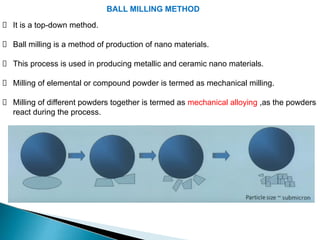 BALL MILLING METHOD
It is a top-down method.
Ball milling is a method of production of nano materials.
This process is used in producing metallic and ceramic nano materials.
Milling of elemental or compound powder is termed as mechanical milling.
Milling of different powders together is termed as mechanical alloying ,as the powders
react during the process.
 