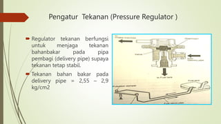 Pengatur Tekanan (Pressure Regulator )
 Regulator tekanan berfungsi
untuk menjaga tekanan
bahanbakar pada pipa
pembagi (delivery pipe) supaya
tekanan tetap stabil.
 Tekanan bahan bakar pada
delivery pipe = 2,55 – 2,9
kg/cm2
 