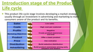 Introduction stage of the Product
Life cycle
 This product life cycle stage involves developing a market strategy,
usually through an investment in advertising and marketing to make
consumers aware of the product and its benefits.
 