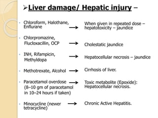  Chloroform, Halothane,
Enflurane
 Chlorpromazine,
Flucloxacillin, OCP
 INH, Rifampicin,
Methyldopa
 Methotrexate, Alcohol
 Paracetamol overdose
(8–10 gm of paracetamol
in 10–24 hours if taken)
 Minocycline (newer
tetracycline)
Liver damage/ Hepatic injury –
When given in repeated dose –
hepatotoxicity – jaundice
Cholestatic jaundice
Hepatocellular necrosis – jaundice
Cirrhosis of liver.
Toxic metabolite (Epoxide):
Hepatocellular necrosis.
Chronic Active Hepatitis.
 
